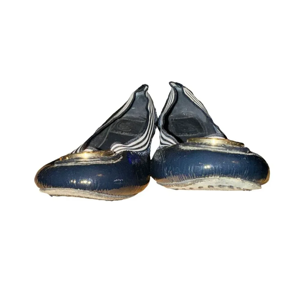 Tory Burch Caroline 2 Naplack Elastic Ballet Flats Women's 6 M Navy Blue Leather